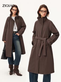 ZIQIAO Women's Down Coats Waterproof Stand Collar Trench Long Coat Slim Waist Winter 2026 Commuting Outweart Ins Chic Streetwear