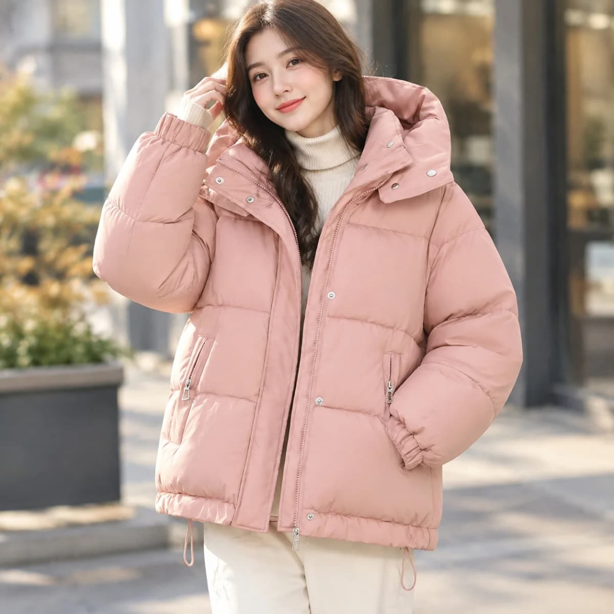 Hooded Thick Coat Short Length Urban Style with Loose Fit Long Sleeve Regular Sleeve Commuter Chic Zipper Closure Women Coats