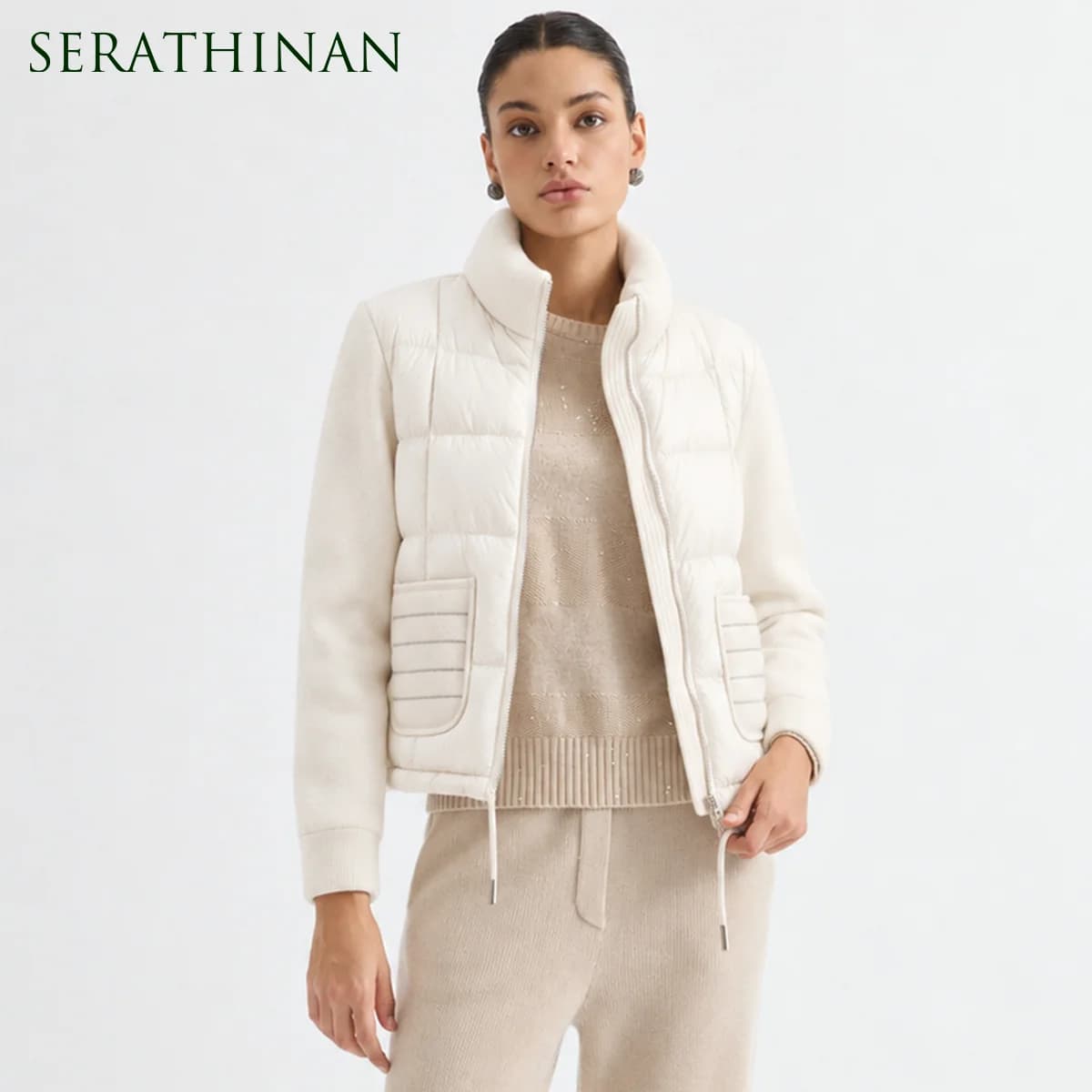 BD3621736 Women's Pure Wool Knit Hybrid Goose Down Jacket Chain Trim Pockets Stand Collar Two-Way Zip Old Money Early Autumn