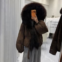 Lagabogy New Fashion Winter Clothes Women Duck Down Coat With Big Natural Fur Collar Hooded Loose Puffer Jacket Female