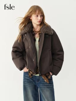 FSLE Cashmere Fur Collar Jacket Down Jacket Women Short Retro Barn Style 2026 Winter New Arrival Chic Personality