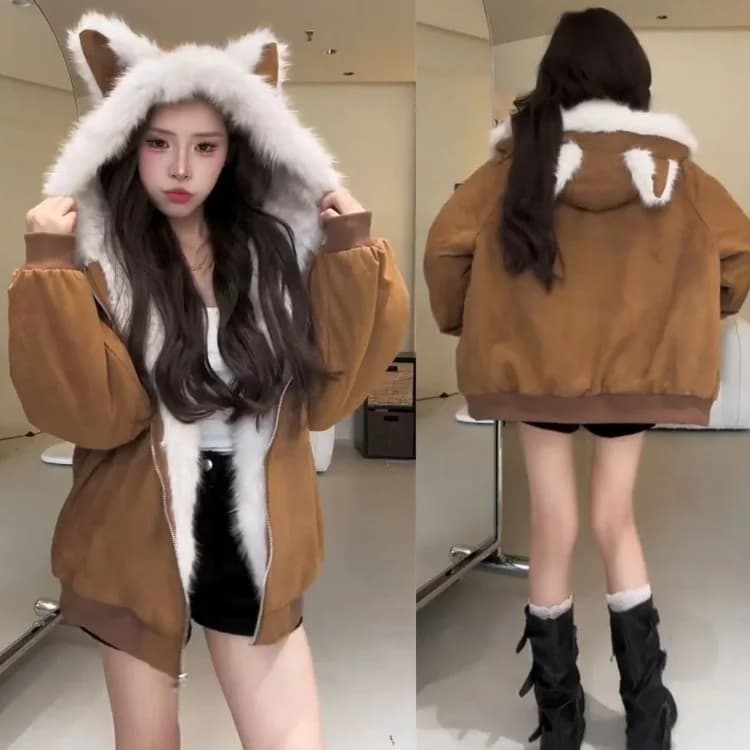 American Vintage Cat Ears Furry Hooded Coat Women Y2k Harajuku Loose Jacket Winter Retro Fashion Long Sleeve Warm Outwear New