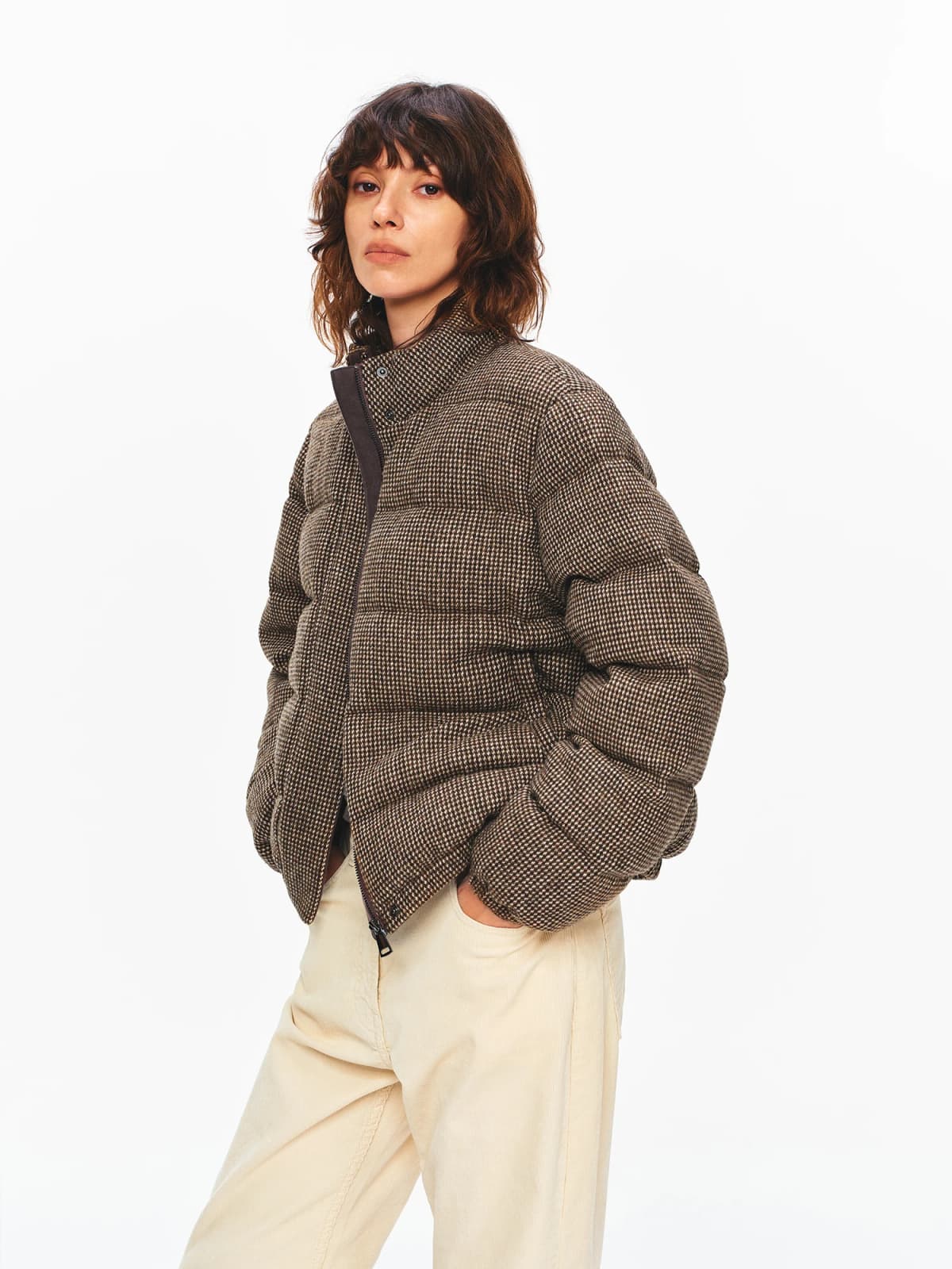 Taffa Autumn Winter Vintage Brown Toned Wool Stand Collar Floral Shaughnessy Checkered 90 White Goose down Jacket Women