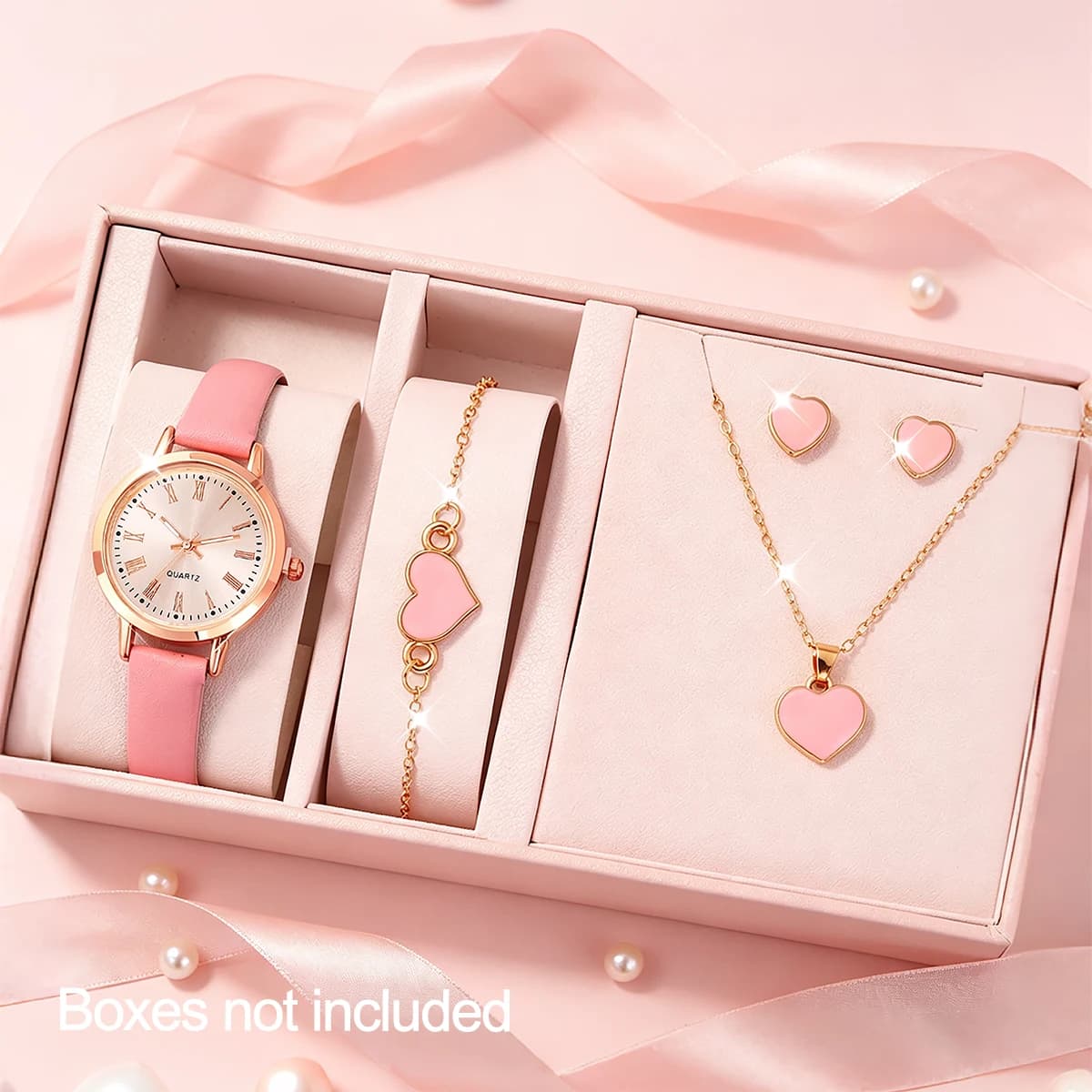 5-Piece Set of New Cute Pink Children's Watches with Heart-Shaped Pattern Decorations, Suitable for Daily Wear, Exquisite Birthday Gifts, and the Perfect Gift for Children