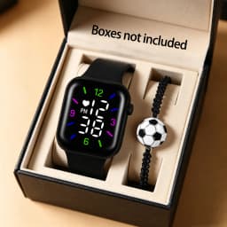 2-Piece Set of Black Silicone Digital Watches with a Simple Football Series Accessory Set, Suitable for Daily Wear and Holiday Parties No Smart Functions