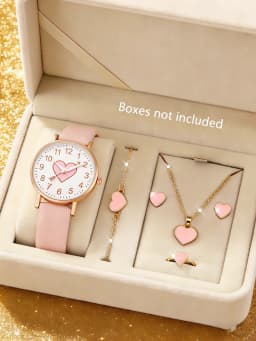 6-Piece Set of New Cute Pink Children's Watches with Heart-Patterned Decorations, Suitable for Daily Wear, Exquisite Birthday Gifts, and the Perfect Gift for Children