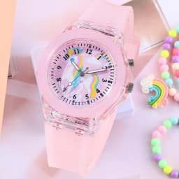 2-Piece Set of Pink Rainbow Horse Cute Luminous Silicone Round Quartz Watches and Star-Moon Colorful Bead Heart Unicorn Pendant Beaded Bracelet Set, with Luminous Colorful Lights That Change Colors, and a Comfortable Silicone Soft Strap It Is the Best Birthday Gift for Students, Suitable for Everyday School, Vacations, Back-To-School Season, Parties, Daily Use, and Holiday Gifts.