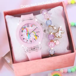 2-Piece Set of Pink Rainbow Horse Cute Luminous Silicone Round Quartz Watches and Star-Moon Colorful Bead Heart Unicorn Pendant Beaded Bracelet Set, with Luminous Colorful Lights That Change Colors, and a Comfortable Silicone Soft Strap It Is the Best Birthday Gift for Students, Suitable for Everyday School, Vacations, Back-To-School Season, Parties, Daily Use, and Holiday Gifts.