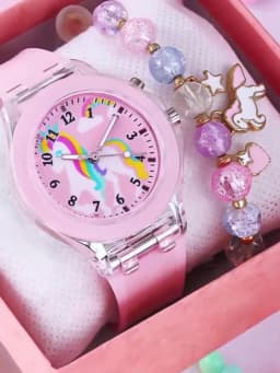 2-Piece Set of Pink Rainbow Horse Cute Luminous Silicone Round Quartz Watches and Star-Moon Colorful Bead Heart Unicorn Pendant Beaded Bracelet Set, with Luminous Colorful Lights That Change Colors, and a Comfortable Silicone Soft Strap It Is the Best Birthday Gift for Students, Suitable for Everyday School, Vacations, Back-To-School Season, Parties, Daily Use, and Holiday Gifts.