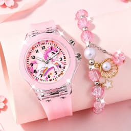 2-Piece Set of Fashionable Children's Luminous Quartz Watches, Featuring a Bracelet and Shell Pendant, Versatile for Everyday Use, with Unicorn Cartoon Pattern and Luminous Design, Birthday Gift