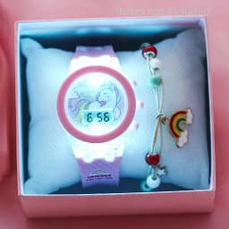 2-Piece Set of Cute Unicorn Girls' Watches with Silicone Strap, Rainbow Bracelet, Flashing Led Pink Children's Watch, Exquisite Birthday Gift