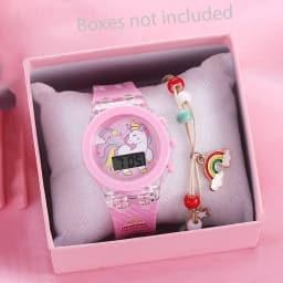 2-Piece Set of Cute Unicorn Girls' Watches with Silicone Strap, Rainbow Bracelet, Flashing Led Pink Children's Watch, Exquisite Birthday Gift
