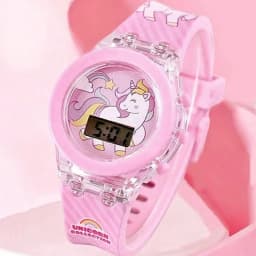 2-Piece Set of Cute Unicorn Girls' Watches with Silicone Strap, Rainbow Bracelet, Flashing Led Pink Children's Watch, Exquisite Birthday Gift