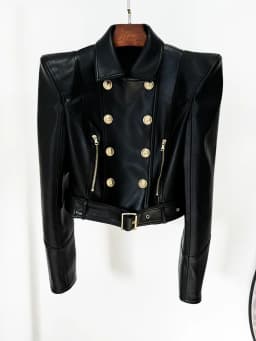 HIGH STREET New Fashion 2026 Designer Jacket Women's Peak Shoulder Double Breasted Lion Buttons Faux Leather Jacket Moto Jacket