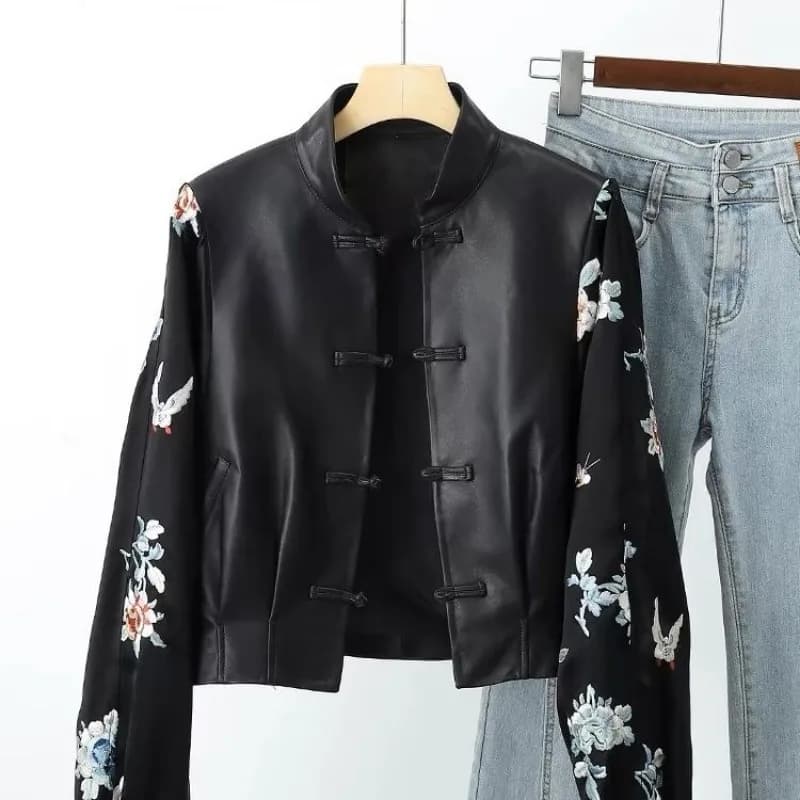 High-end Vintage Embroidery Patchwork Leather Jacket Women's Spring Autumn PU Leather Coat Long Sleeves Button Design Outerwear