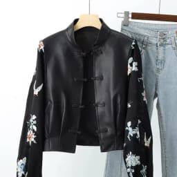 High-end Vintage Embroidery Patchwork Leather Jacket Women's Spring Autumn PU Leather Coat Long Sleeves Button Design Outerwear
