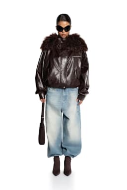 Laur 2026 Women Faux Leather Short Jacket With Fluffy Big Fur Collar Oversized Warm Winter Biker Coat For Ladies