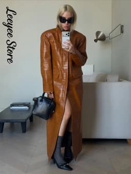 Crocodile Embossed Faux Leather Long Jackets Chic Wide Lapel Belted Waist Quarter Sleeve Loose Coat Women Street Chic Outfits