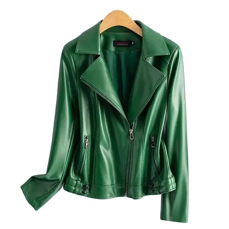Streetwear Women's 2nd Layer Sheepskin Jacket Genuine Leather Short Coat Autumn Winter Green Moto Biker Outerwear Casual Tops
