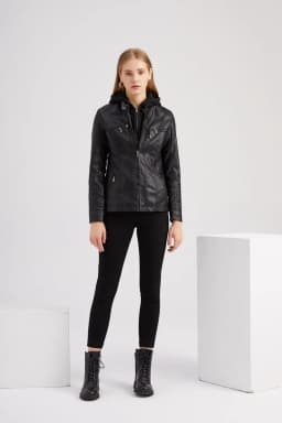 Women Faux Leather Jackets Hooded Full Sleeve Slim Fit Jacket Zipper Spliced Coats Solid Casual Streetwear Autumn 2024