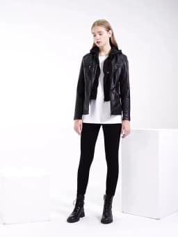 Women Faux Leather Jackets Hooded Full Sleeve Slim Fit Jacket Zipper Spliced Coats Solid Casual Streetwear Autumn 2024