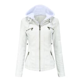 Women Faux Leather Jackets Hooded Full Sleeve Slim Fit Jacket Zipper Spliced Coats Solid Casual Streetwear Autumn 2024