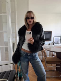 Women Faux Leather Coat With Faux Fur Spliced Collar & Cuffs Single‑breasted Button Long Sleeve Coats Autumn Vintage Lady Jacket