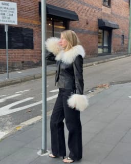 Women Faux Leather Coat With Faux Fur Spliced Collar & Cuffs Single‑breasted Button Long Sleeve Coats Autumn Vintage Lady Jacket