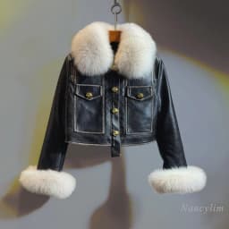 Temperament Black Leather Jacket Women 2026 Winter Real Fox Fur Short High Waist PU Leather Coat Slim-Fitting Coats