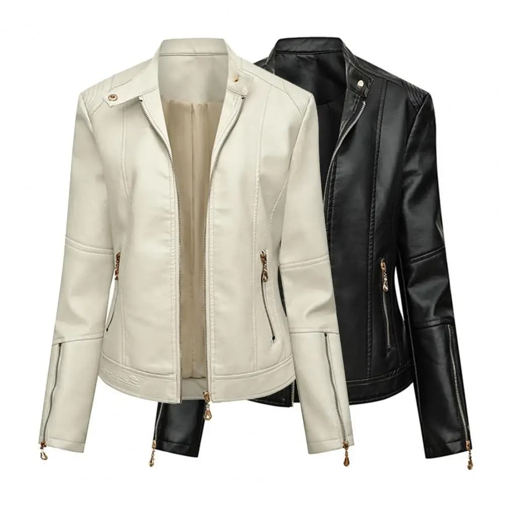 Lady Faux Leather Jacket Solis Color Buttons Decor Long Sleeve Biker Coat Windproof Slim Lady Coat For Motorcycle Riding