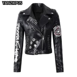Women's PU Rivet Zipper Jacket, Shoulder Badge, Motorcycle Punk Rock Leather Coat, High Quality, Autumn Purchase
