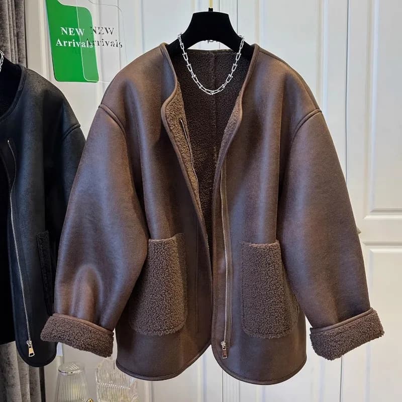 Women's Super Cute Zipper Fur Patchwork One-piece Round Neck Coat Top Warm Casual Winter Best Seller Coats and Jackets Women