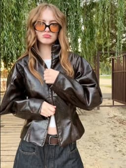 Women Brown Texture Faux Leather Coat Stand Collar Double Head Zipper Slim Fit 2026 New Vintage Casual Lady Moto Biker Jacket