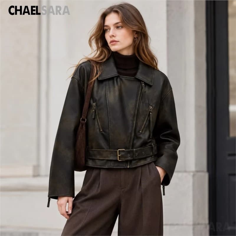 Women's High Quality 2026 Autumn New Fashion Vintage With Belt Faux Leather Jacket Coats Casual Zipper Ladies Biker Outerwear