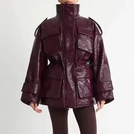 Women's Burgundy Faux Leather Jacket Zip Up High Neck Drawstring Waist Winter Warm Elegant Luxe Chic Outerwear