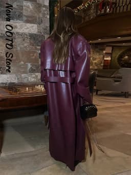 Fashion Belt Long Leather Coat Women Loose Lapel Full Sleeve Pocket Solid Overcoat 2026 Spring Autumn Lady Street Outwear New