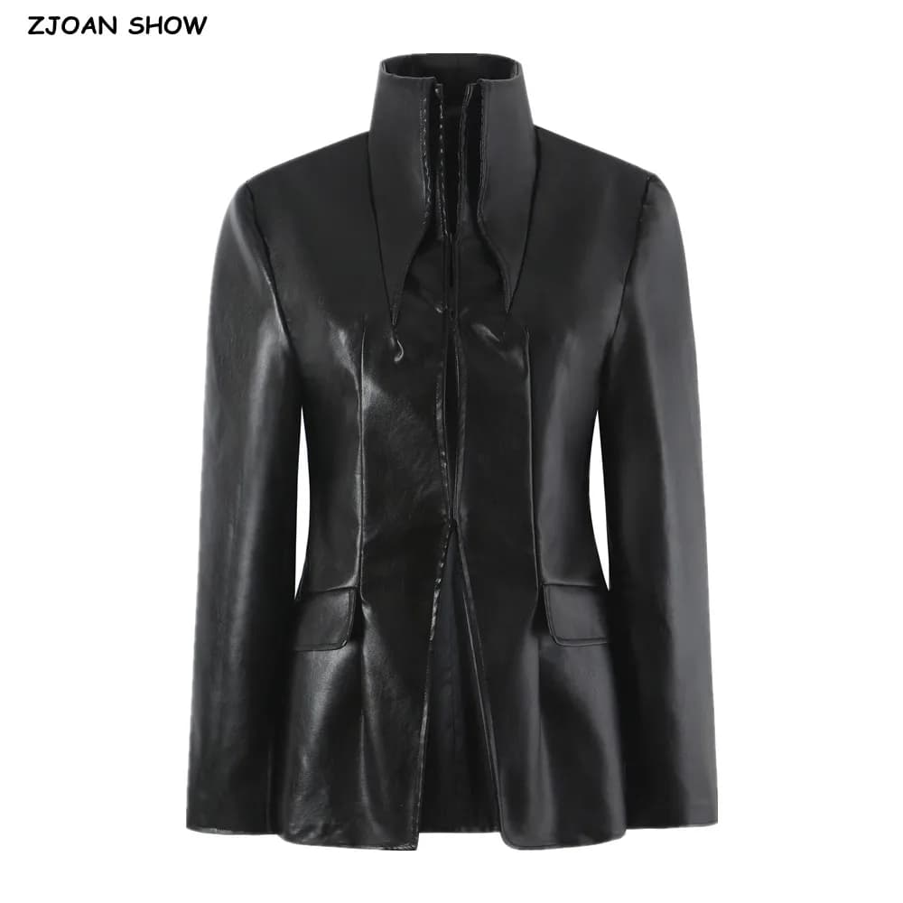 Autumn Women High Street Stand Collar Black PU Leather Blazer Slim Fit Front Hook Buttons Coat Outerwear