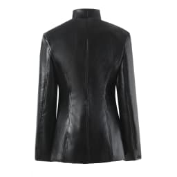 Autumn Women High Street Stand Collar Black PU Leather Blazer Slim Fit Front Hook Buttons Coat Outerwear