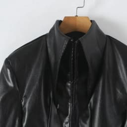 Autumn Women High Street Stand Collar Black PU Leather Blazer Slim Fit Front Hook Buttons Coat Outerwear