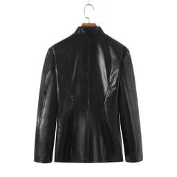 Autumn Women High Street Stand Collar Black PU Leather Blazer Slim Fit Front Hook Buttons Coat Outerwear
