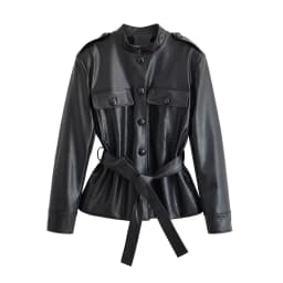 HH Women Belted Faux Leather Safari Jacket Stand Collar Single Breasted Slim Fit PU Coat For Spring Autumn Daily Wear