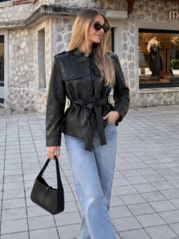 HH Women Belted Faux Leather Safari Jacket Stand Collar Single Breasted Slim Fit PU Coat For Spring Autumn Daily Wear