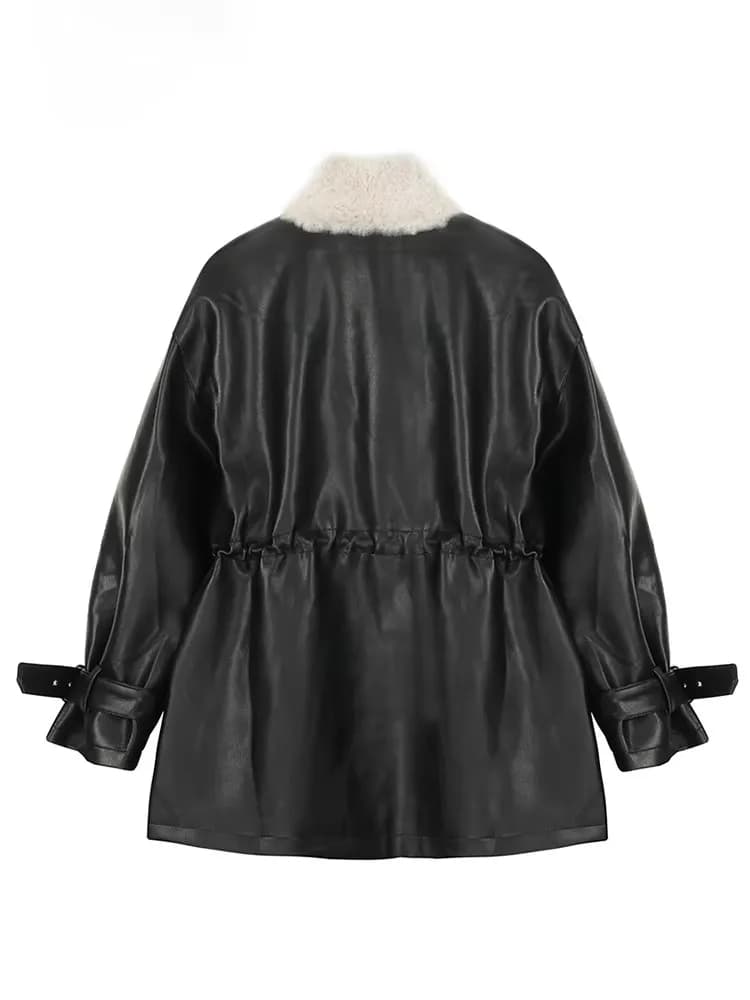 Mauroicardi Autumn Winter Loose Thickened Warm Black Pu Leather Jacket Women with Faux Fur Inside and Collar Furry Parka 2025