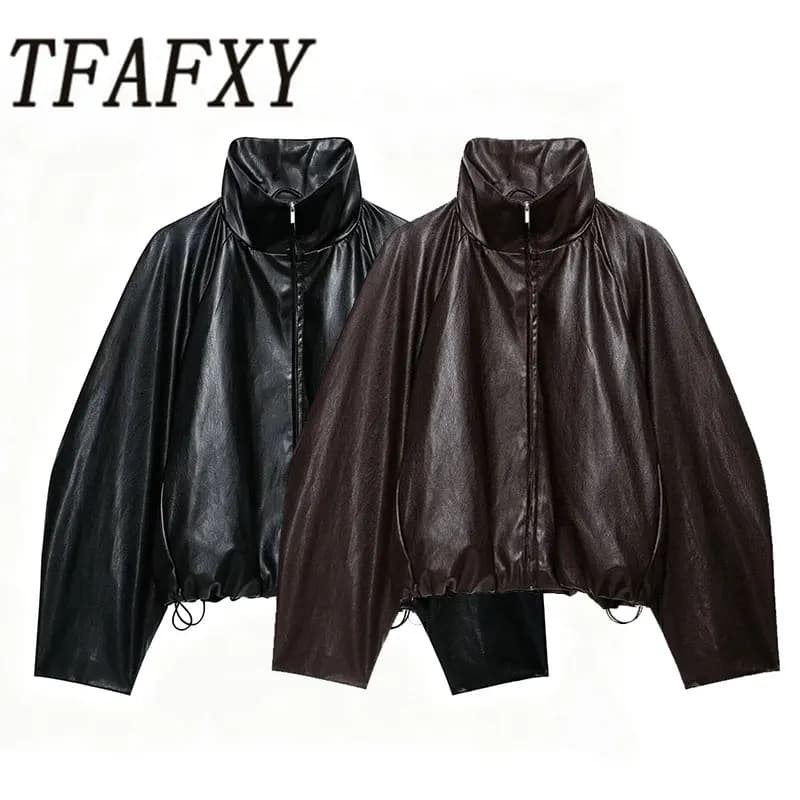 TFAFXY Women Short Jacket High Neck Zipper Long Sleeve Solid Lmitation Leather Effect Bomber Coat 2026 Autumn Casual Outwear