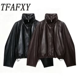 TFAFXY Women Short Jacket High Neck Zipper Long Sleeve Solid Lmitation Leather Effect Bomber Coat 2026 Autumn Casual Outwear