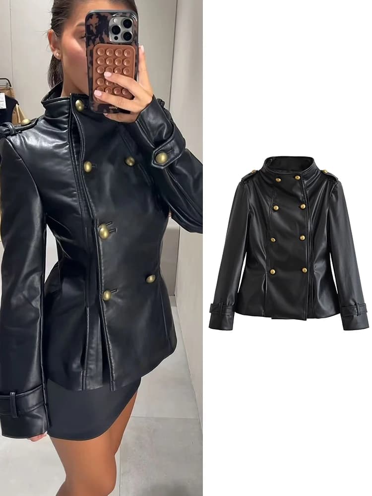 TFMLN Autumn Women Faux Leather Jacket Slim Double Breasted Stand Collar Long Sleeve Short PU Coat Vintage Casual Outerwear