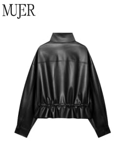MUJER Faux Leather Bomber Jackets for Women Autumn Pleated Zip Women's Jacket Drawstring Outdoor Womens Coats Fashion Outerwears