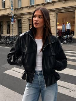 MUJER Faux Leather Bomber Jackets for Women Autumn Pleated Zip Women's Jacket Drawstring Outdoor Womens Coats Fashion Outerwears