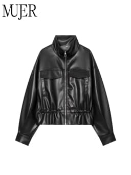 MUJER Faux Leather Bomber Jackets for Women Autumn Pleated Zip Women's Jacket Drawstring Outdoor Womens Coats Fashion Outerwears
