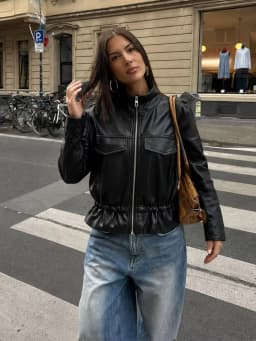 MUJER Faux Leather Bomber Jackets for Women Autumn Pleated Zip Women's Jacket Drawstring Outdoor Womens Coats Fashion Outerwears